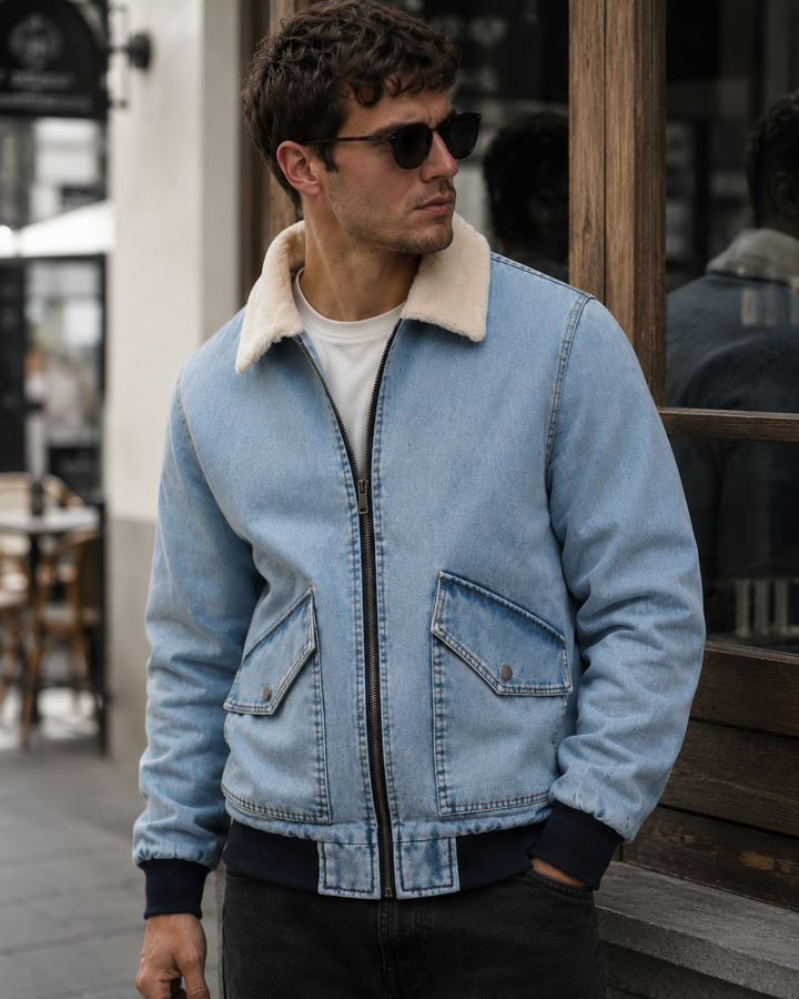 Denim bomberjack met schapenvachtvoering en ritssluiting - Tobias