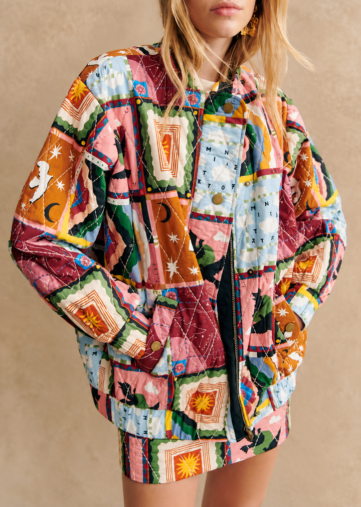 Gewatteerd damesjack met hemels patchwork en hoge hals - Jasmina