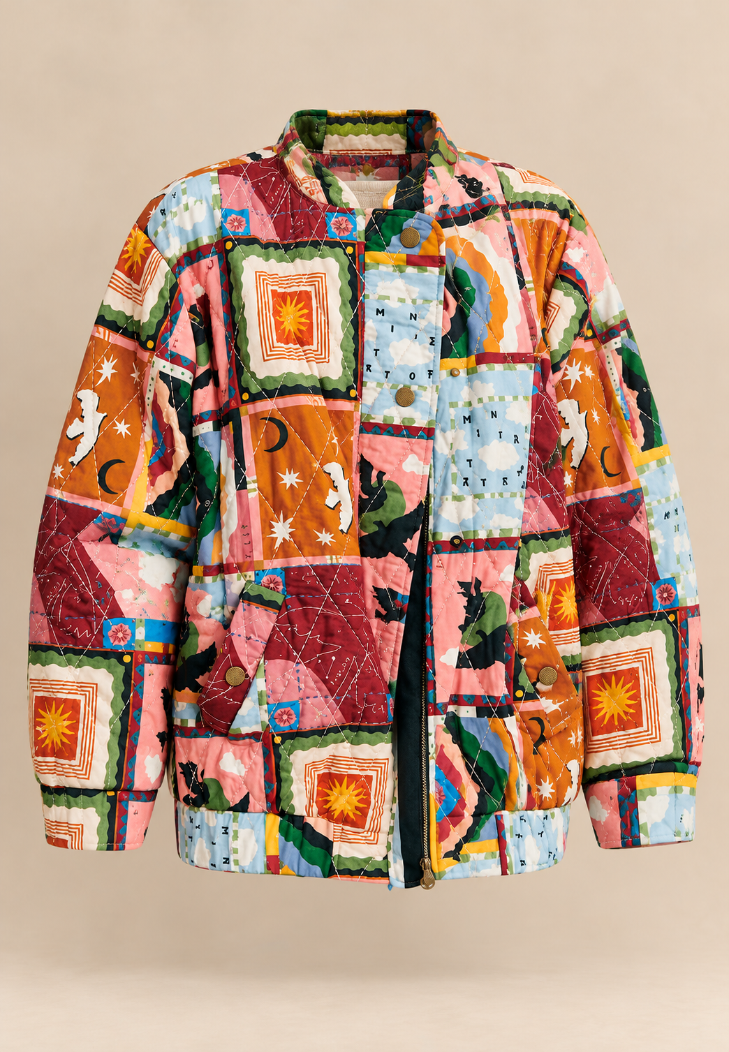 Gewatteerd damesjack met hemels patchwork en hoge hals - Jasmina