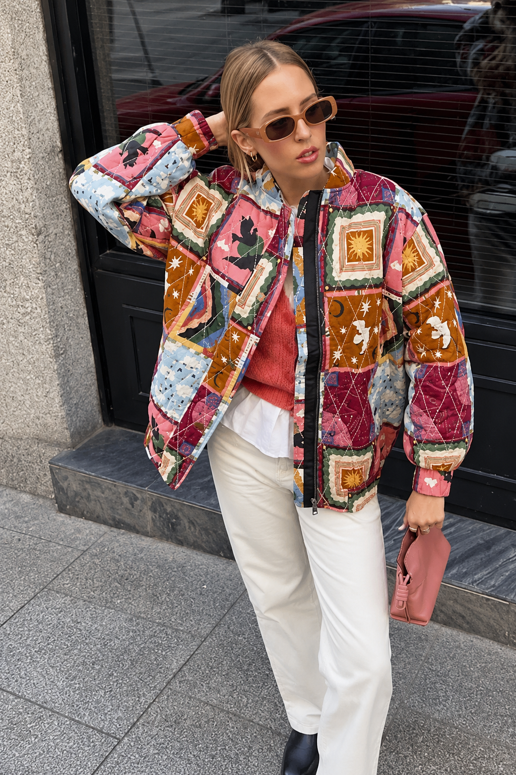 Gewatteerd damesjack met hemels patchwork en hoge hals - Jasmina