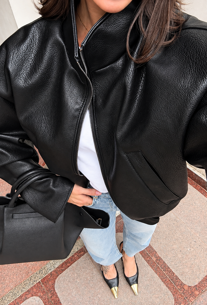 Dames bomberjack in leerlook met hoge hals en rits - Sienna