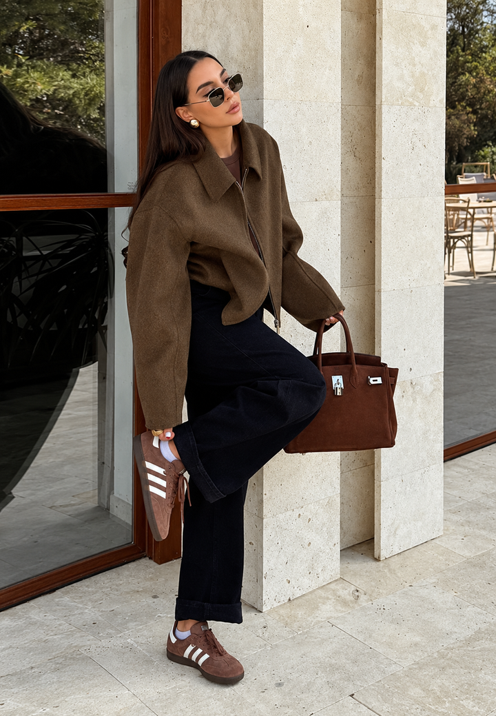 Kort dames jack in wollenstof-look met overhemdkraag - Maura