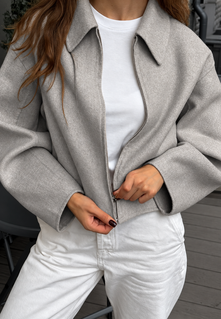 Kort dames jack in wollenstof-look met overhemdkraag - Maura