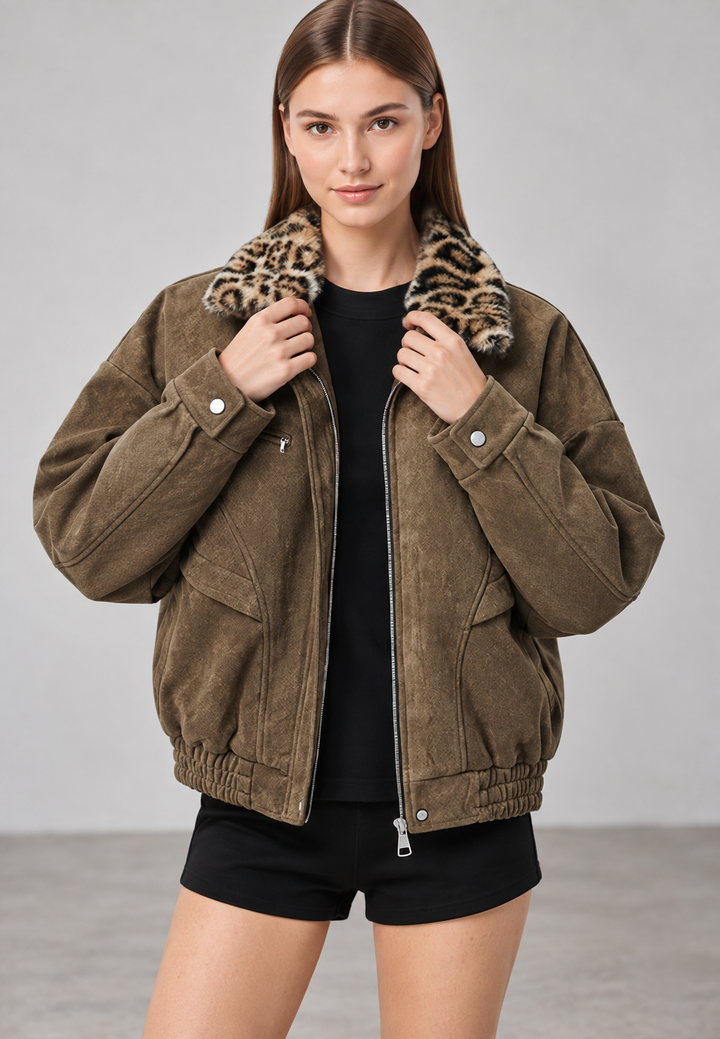 Jack dames in suèdelook met bontlook kraag en animal print - Sabela