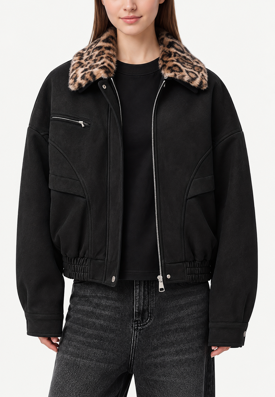 Jack dames in suèdelook met bontlook kraag en animal print - Sabela