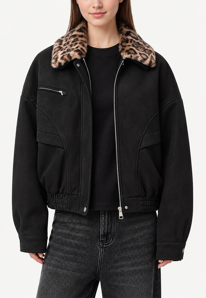 Jack dames in suèdelook met bontlook kraag en animal print - Sabela