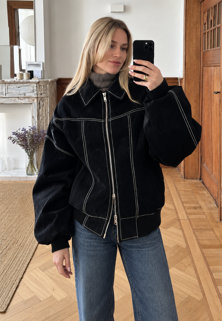 Oversized dames bikerjack in suèdelook met contraststiksels - Vela