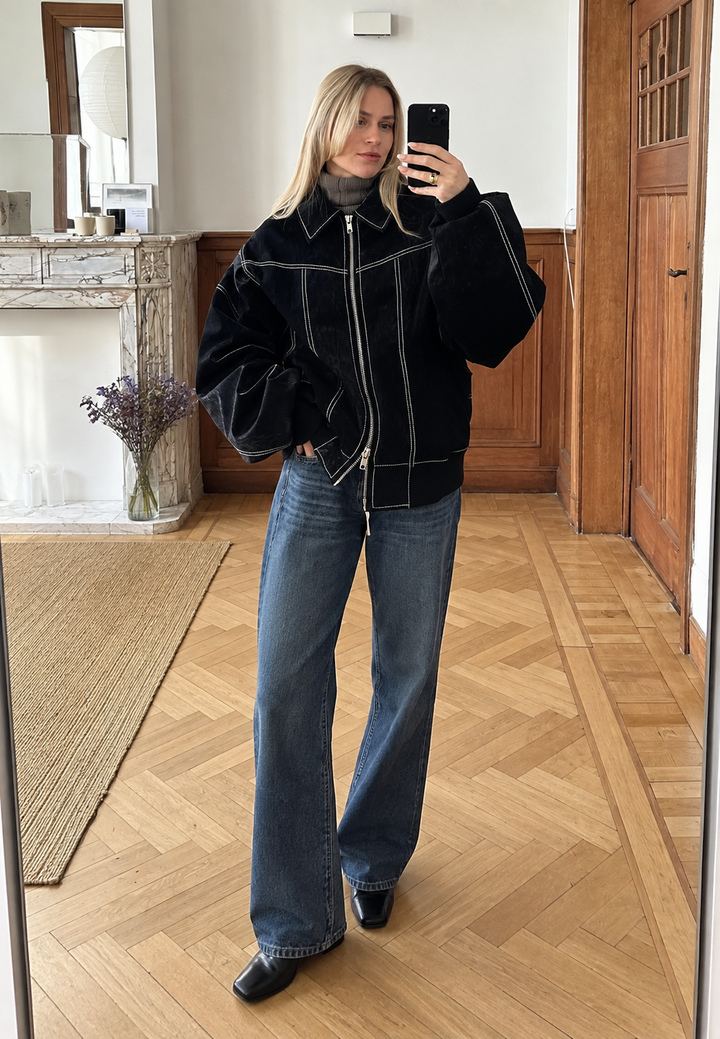 Oversized dames bikerjack in suèdelook met contraststiksels - Vela