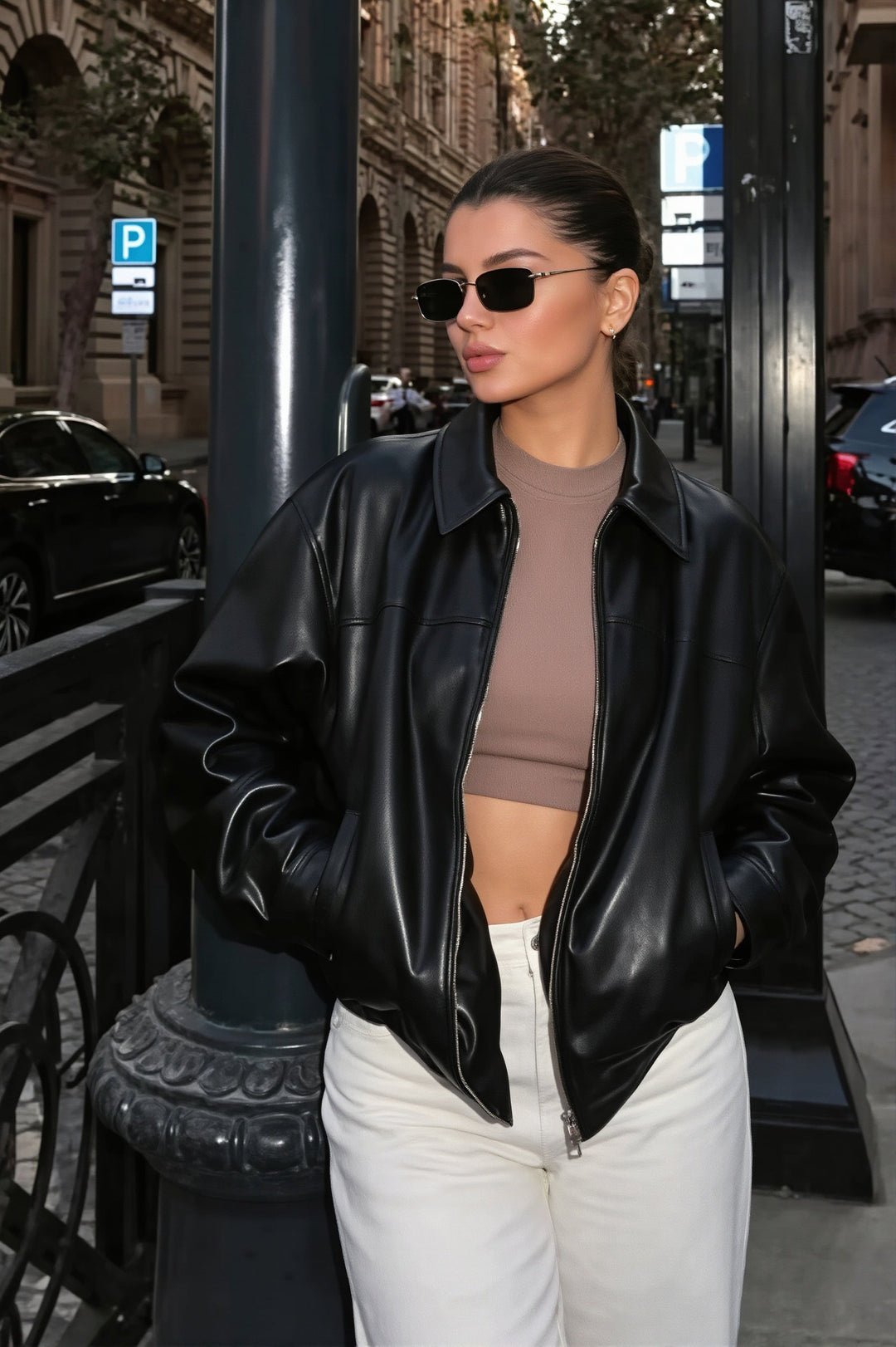 Oversized dames bikerjack in leerlook met overhemdkraag - Arlet