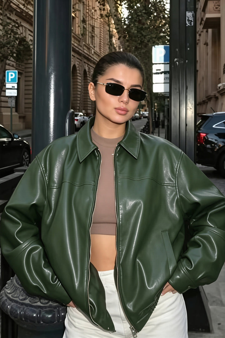 Oversized dames bikerjack in leerlook met overhemdkraag - Arlet