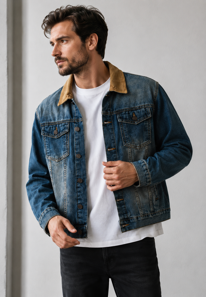 Herenjeansjack met corduroy kraag en gewassen look - Dario
