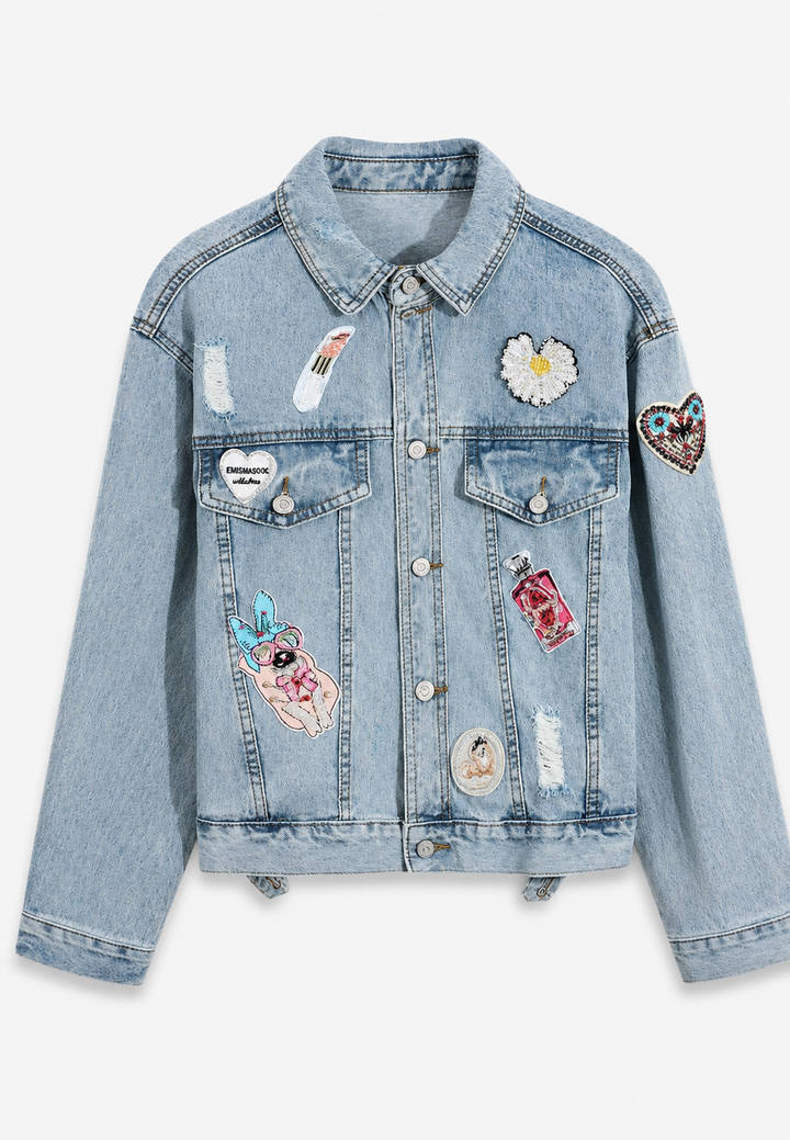 Korte damesjeansjas met patches en verwassen look - Odette