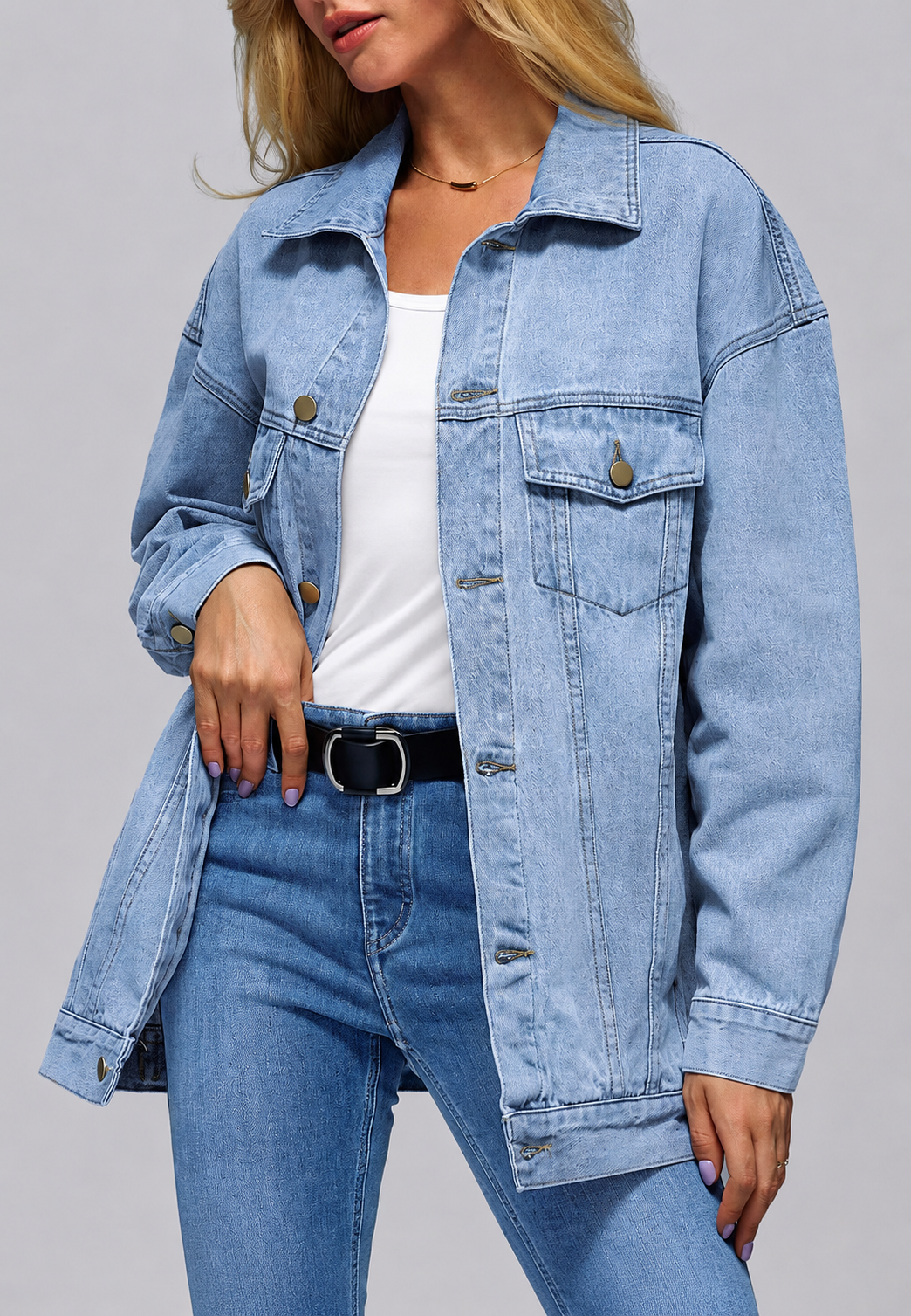 Oversized lange denimjas voor dames met klepzakken - Eira
