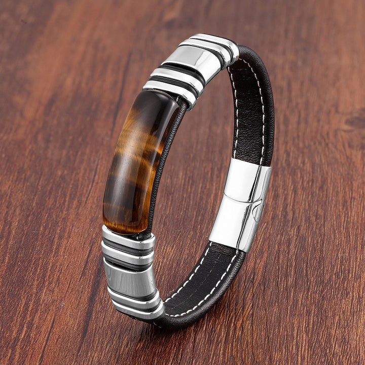 Leren herenarmband met magnetisch ontwerp van roestvrij staal - Vulcan