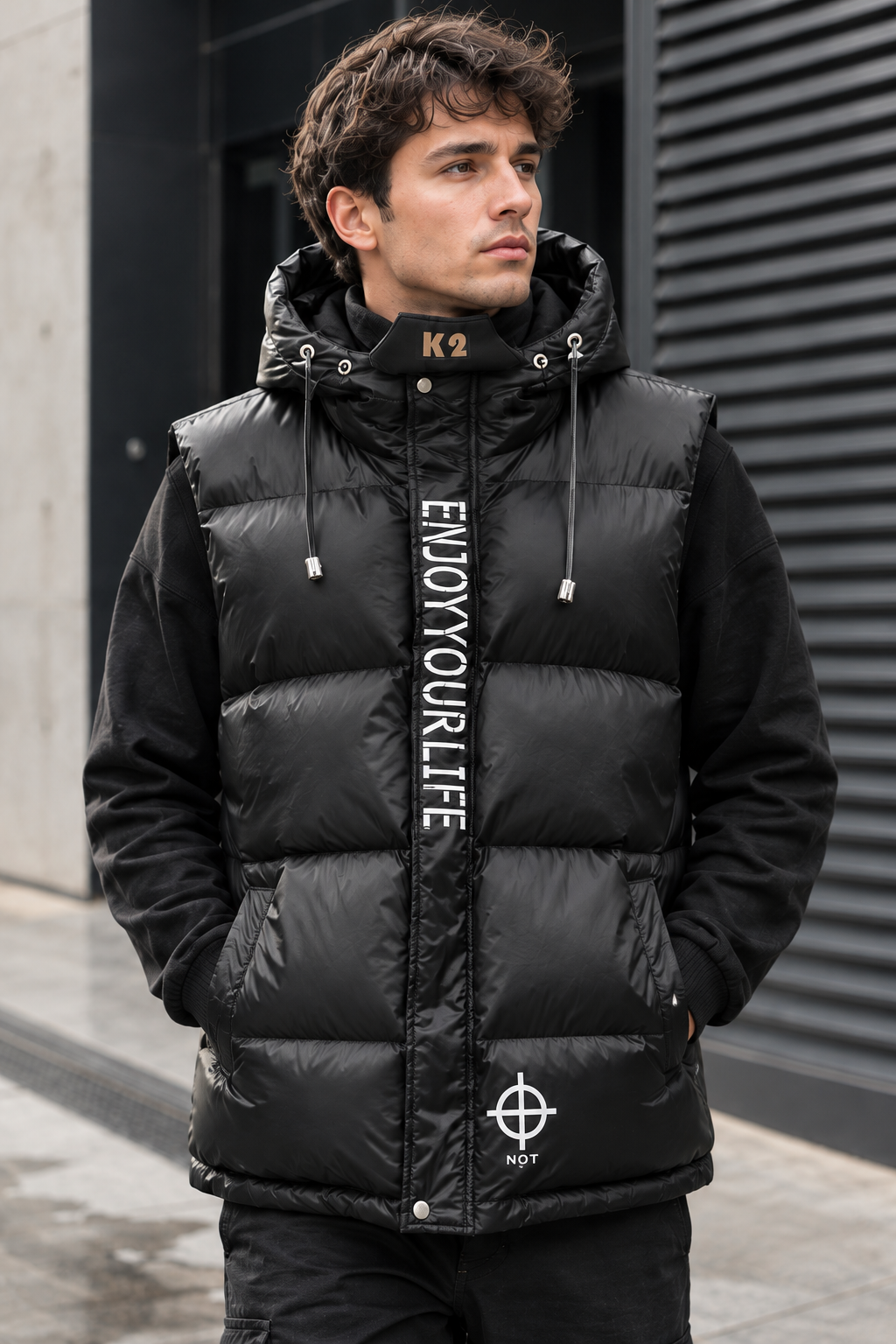 Gewatteerd herenbodywarmer met verstelbare capuchon en glanzende afwerking - Keldan