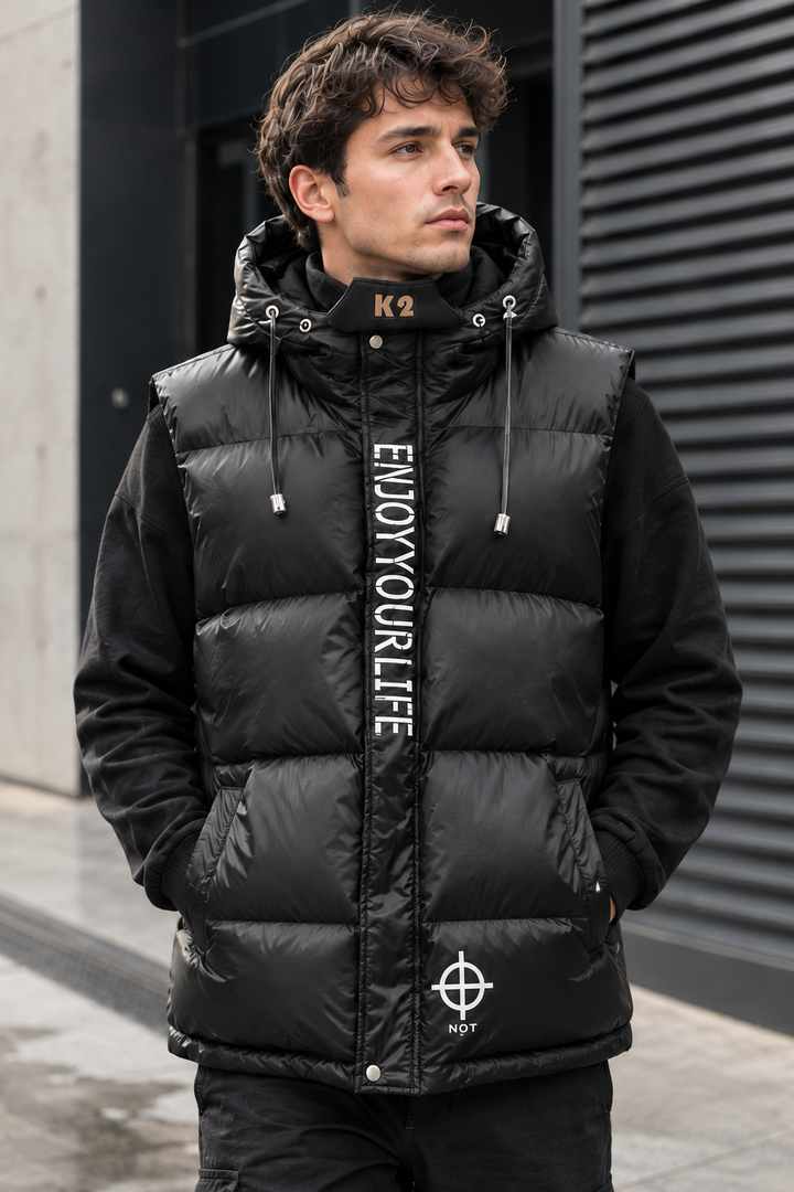 Gewatteerd herenbodywarmer met verstelbare capuchon en glanzende afwerking - Keldan