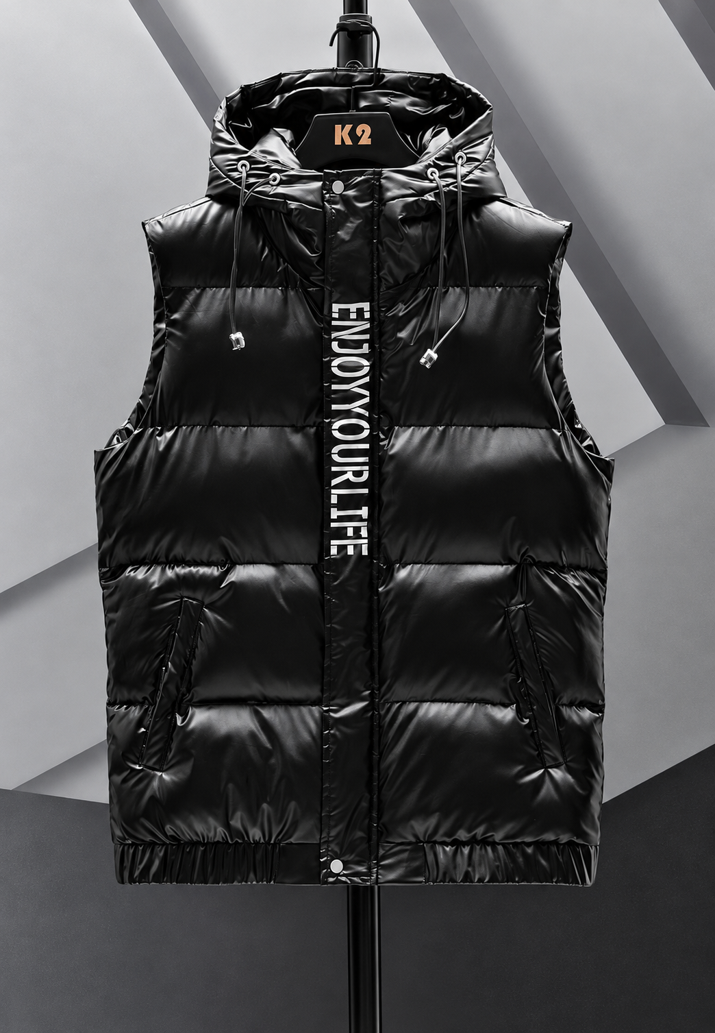 Gewatteerd herenbodywarmer met verstelbare capuchon en glanzende afwerking - Keldan