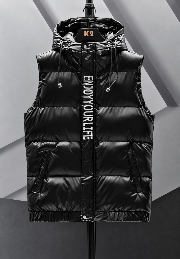 Gewatteerd herenbodywarmer met verstelbare capuchon en glanzende afwerking - Keldan