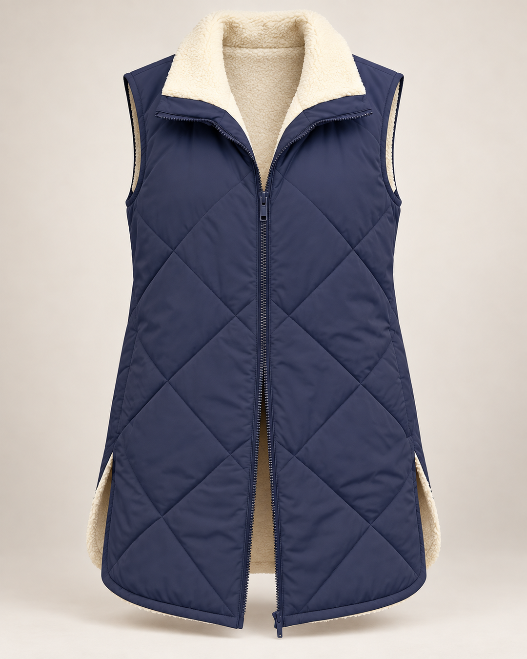 Omkeerbaar gewatteerd damesvest met schapenvachtlook - Solange
