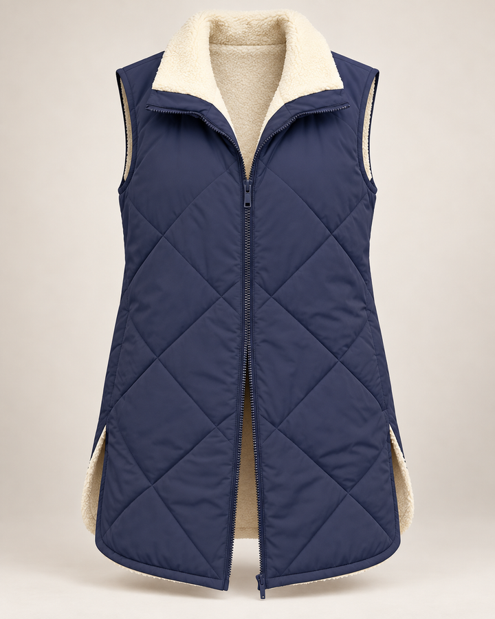 Omkeerbaar gewatteerd damesvest met schapenvachtlook - Solange