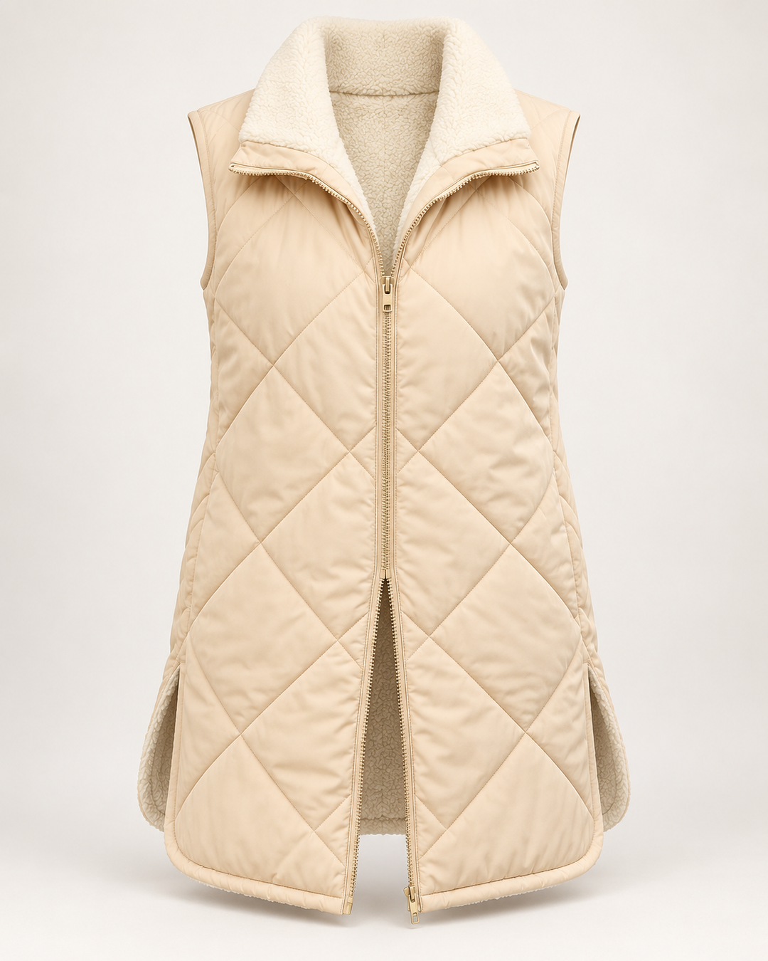 Omkeerbaar gewatteerd damesvest met schapenvachtlook - Solange