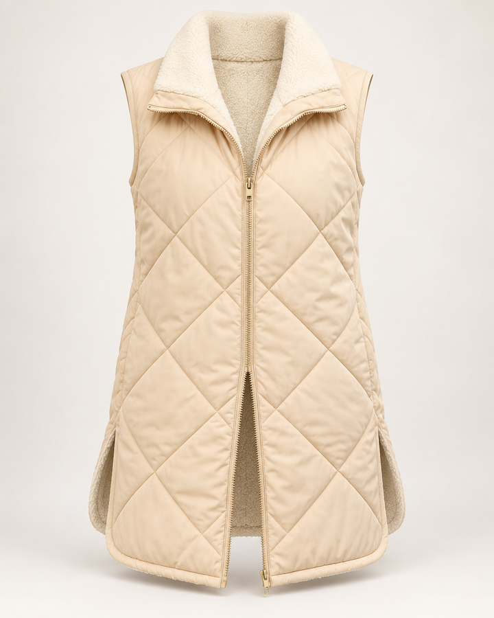 Omkeerbaar gewatteerd damesvest met schapenvachtlook - Solange