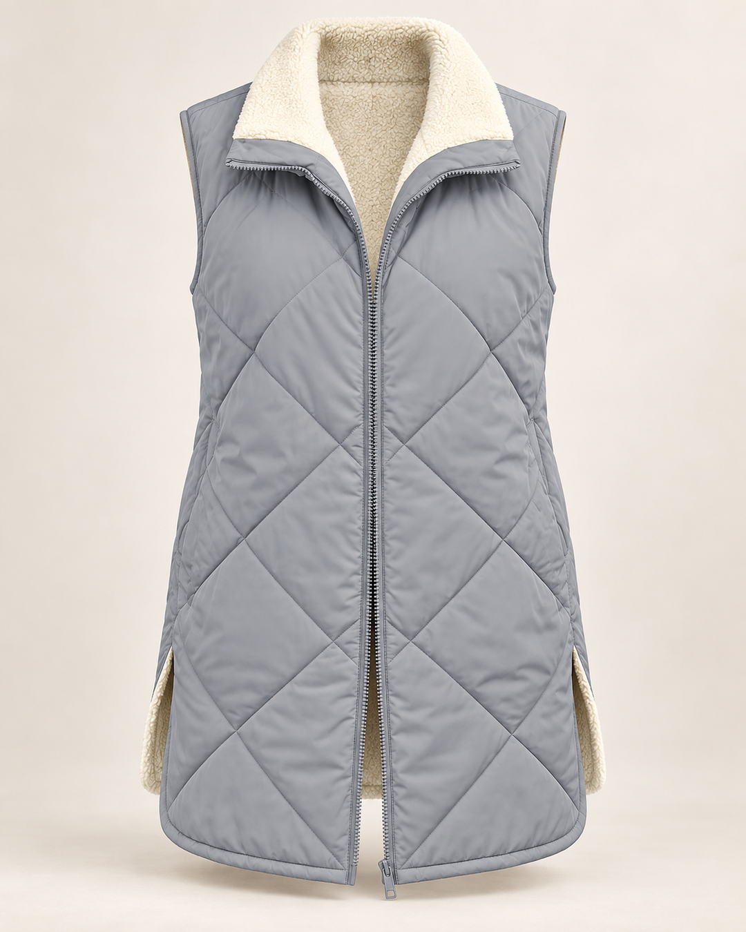 Omkeerbaar gewatteerd damesvest met schapenvachtlook - Solange