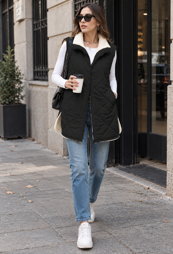Omkeerbaar gewatteerd damesvest met schapenvachtlook - Solange