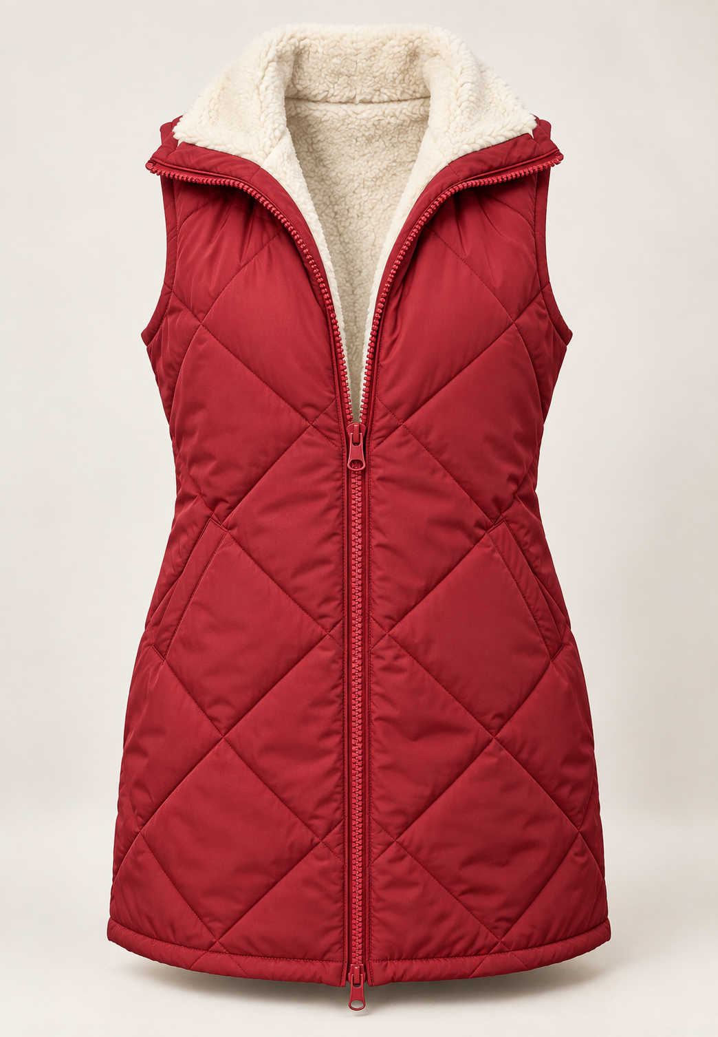 Omkeerbaar gewatteerd damesvest met schapenvachtlook - Solange
