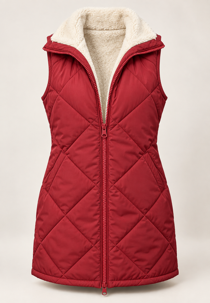 Omkeerbaar gewatteerd damesvest met schapenvachtlook - Solange