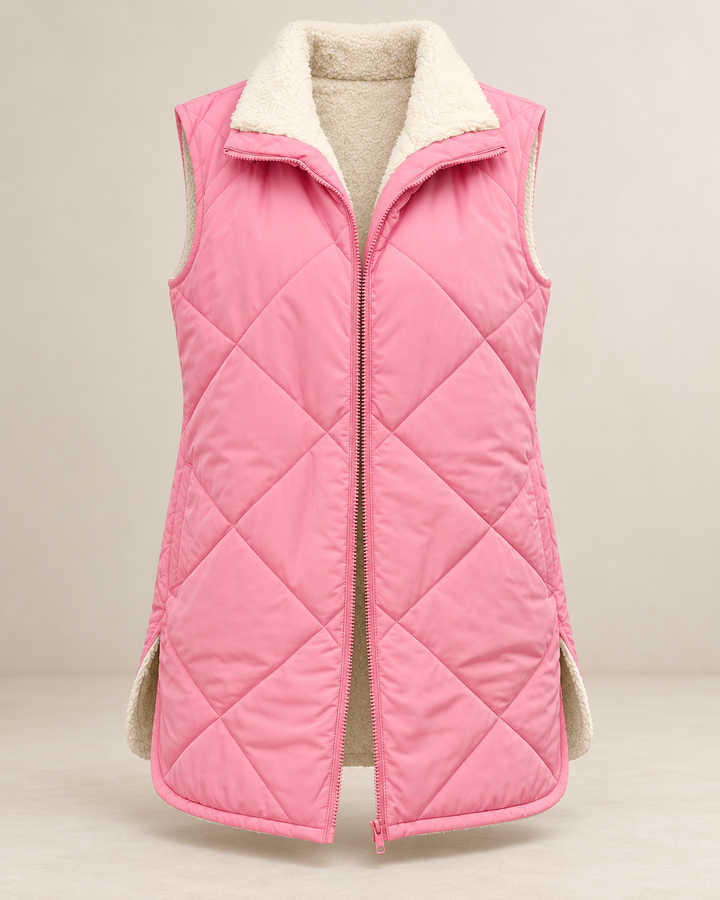 Omkeerbaar gewatteerd damesvest met schapenvachtlook - Solange