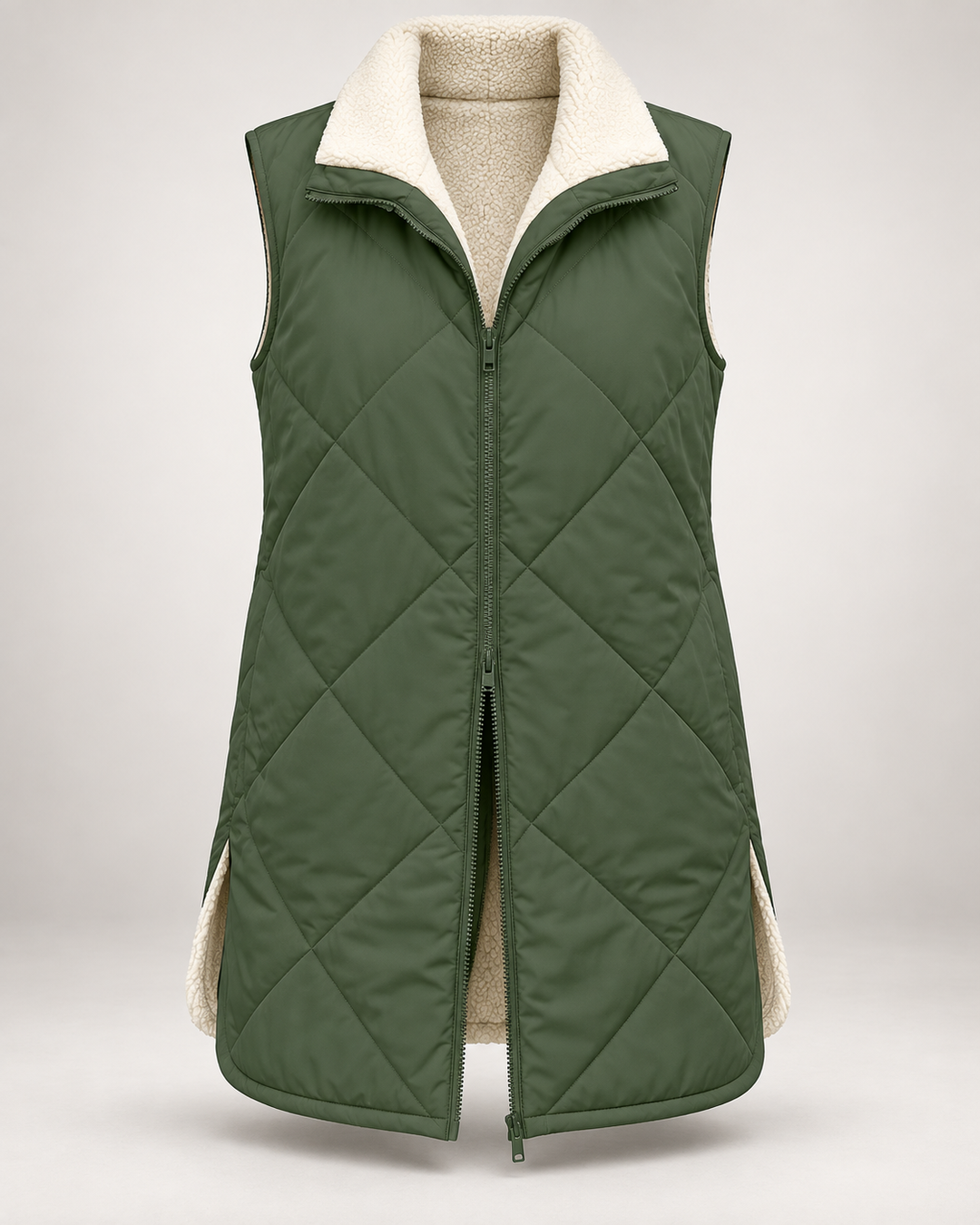 Omkeerbaar gewatteerd damesvest met schapenvachtlook - Solange
