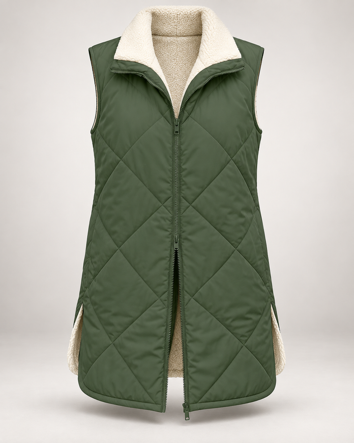 Omkeerbaar gewatteerd damesvest met schapenvachtlook - Solange