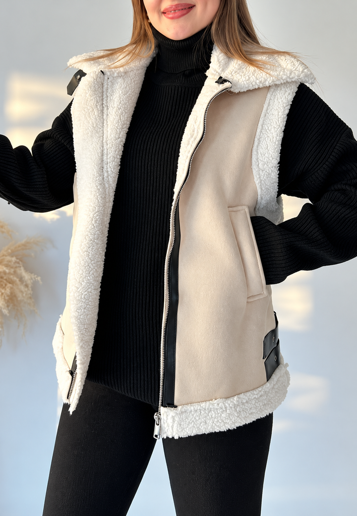 Vest met suède-look, kraag met schapenvacht-look en gespen aan de zijkanten - Lisette