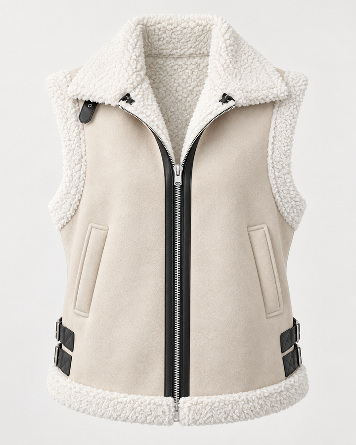 Vest met suède-look, kraag met schapenvacht-look en gespen aan de zijkanten - Lisette
