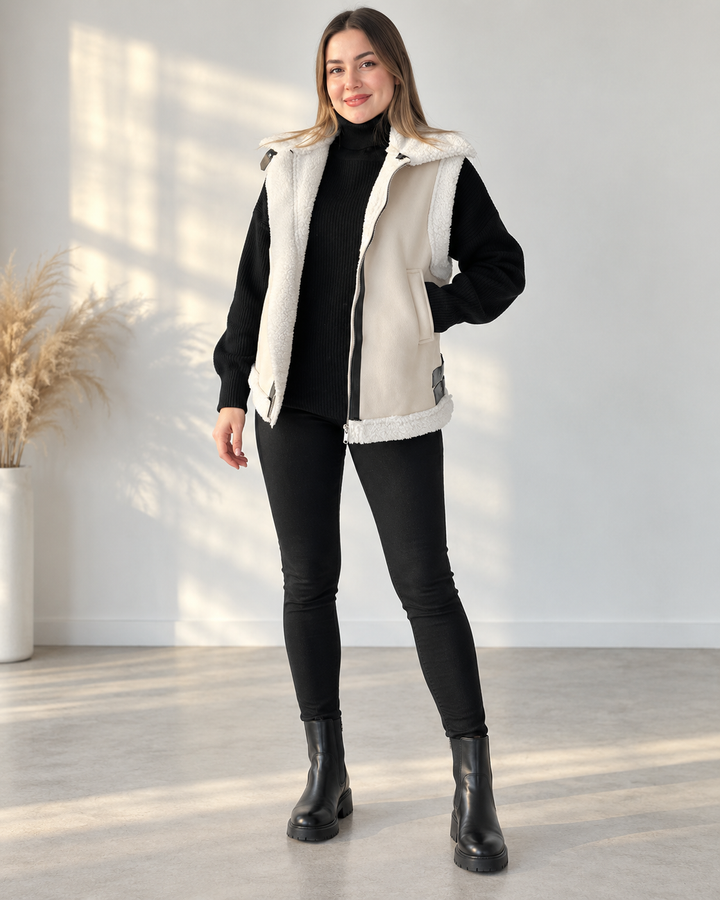 Vest met suède-look, kraag met schapenvacht-look en gespen aan de zijkanten - Lisette