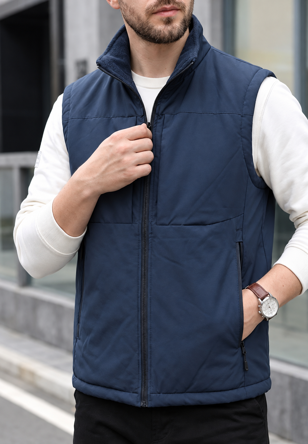 Gewatteerde herenbodywarmer met hoge kraag en ritszakken - Brenvik