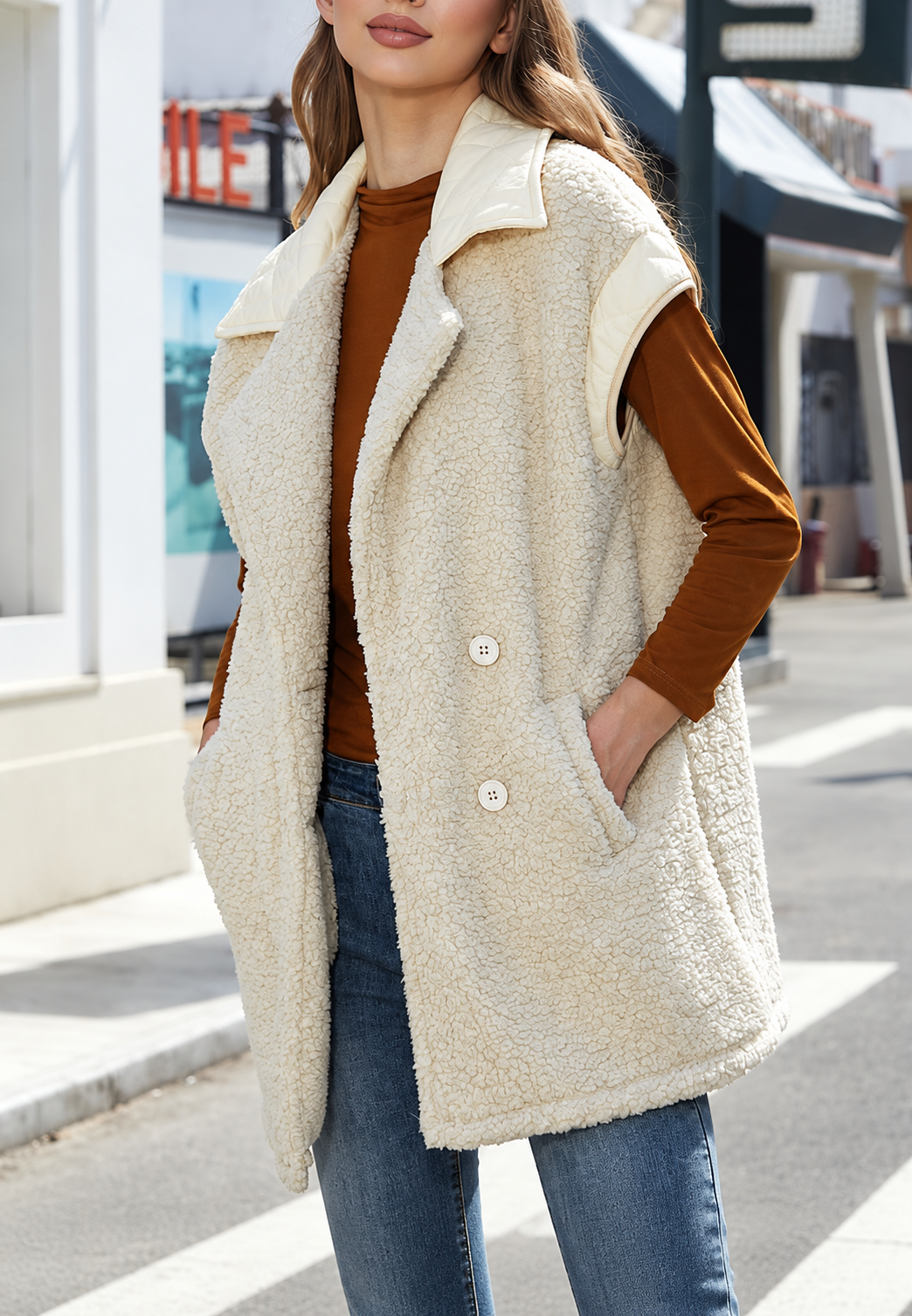 Lang damesgilet met teddy-effect en contrastrevers - Margaret