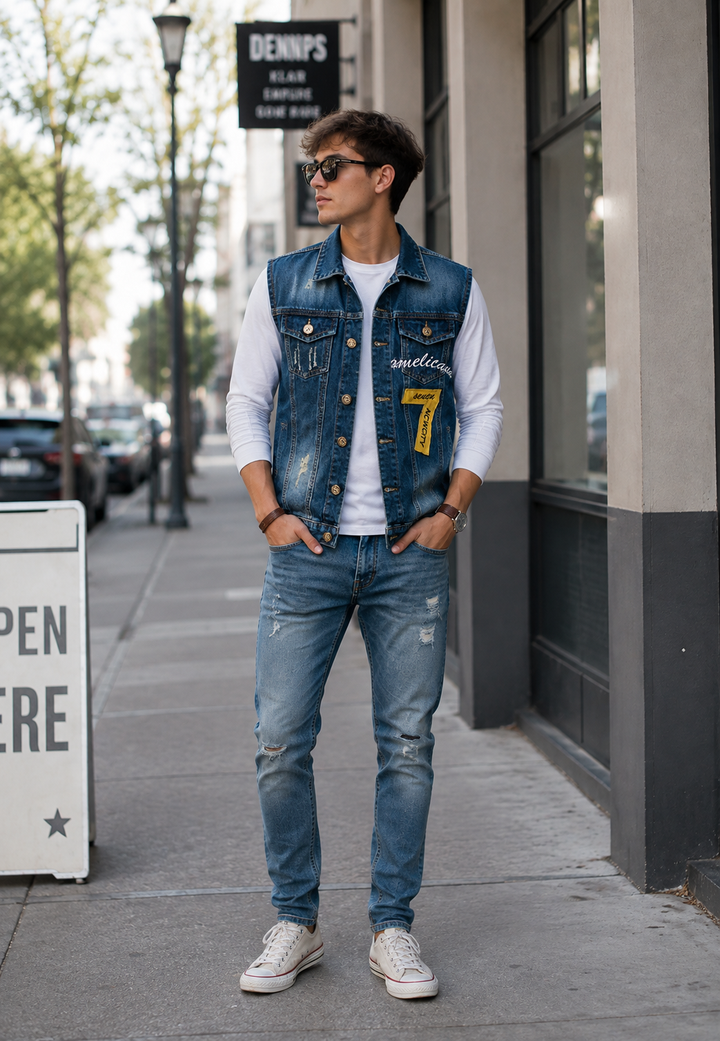 Geborduurde herenjeansvest met verwassen look - Leander