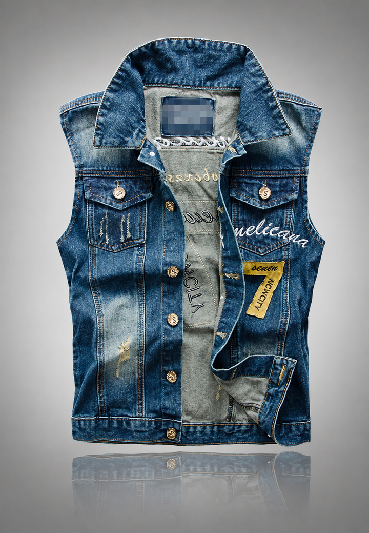 Geborduurde herenjeansvest met verwassen look - Leander