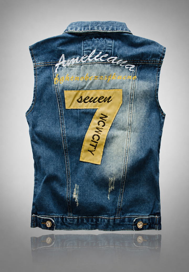 Geborduurde herenjeansvest met verwassen look - Leander