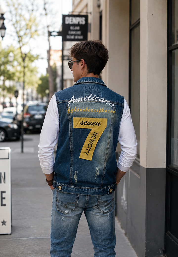 Geborduurde herenjeansvest met verwassen look - Leander