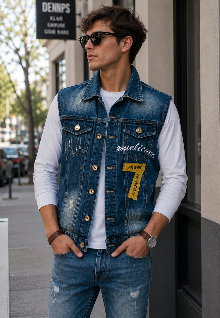 Geborduurde herenjeansvest met verwassen look - Leander