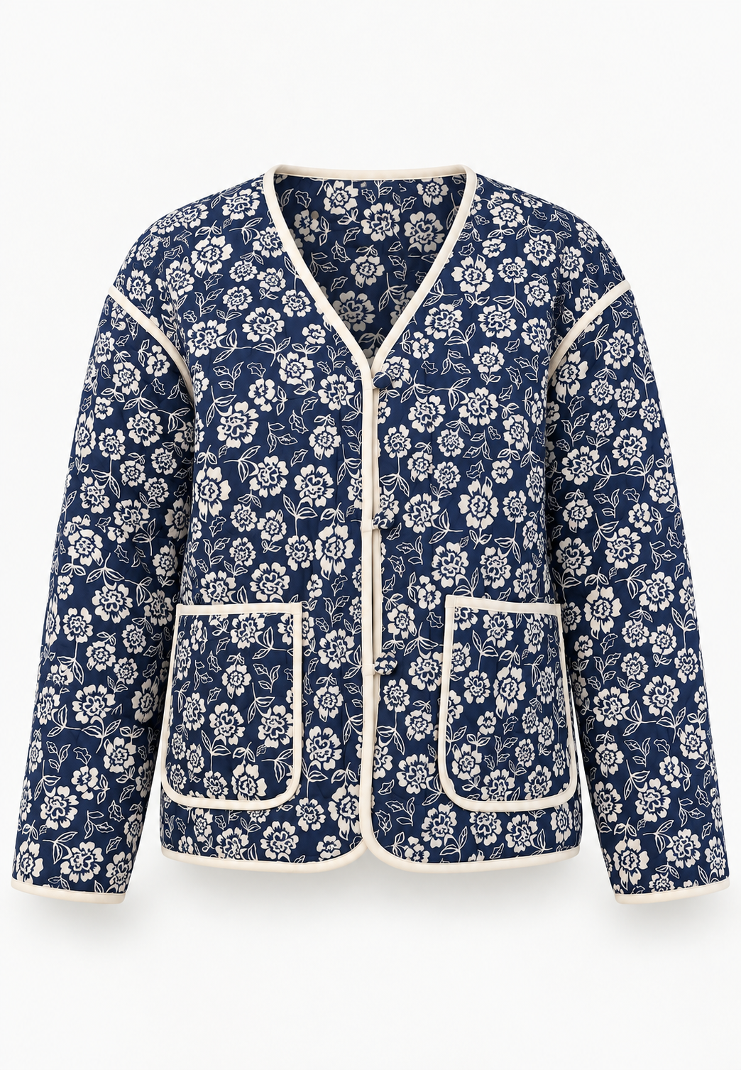 Gewatteerd damesjasje met bloemenprint en contrastbiezen - Mireva