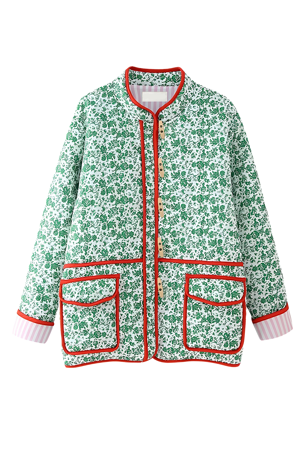 Gewatteerd damesjasje met bloemenprint, contrastbiezen en passementknopen - Celindra