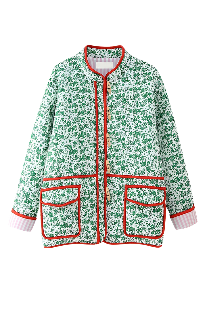 Gewatteerd damesjasje met bloemenprint, contrastbiezen en passementknopen - Celindra