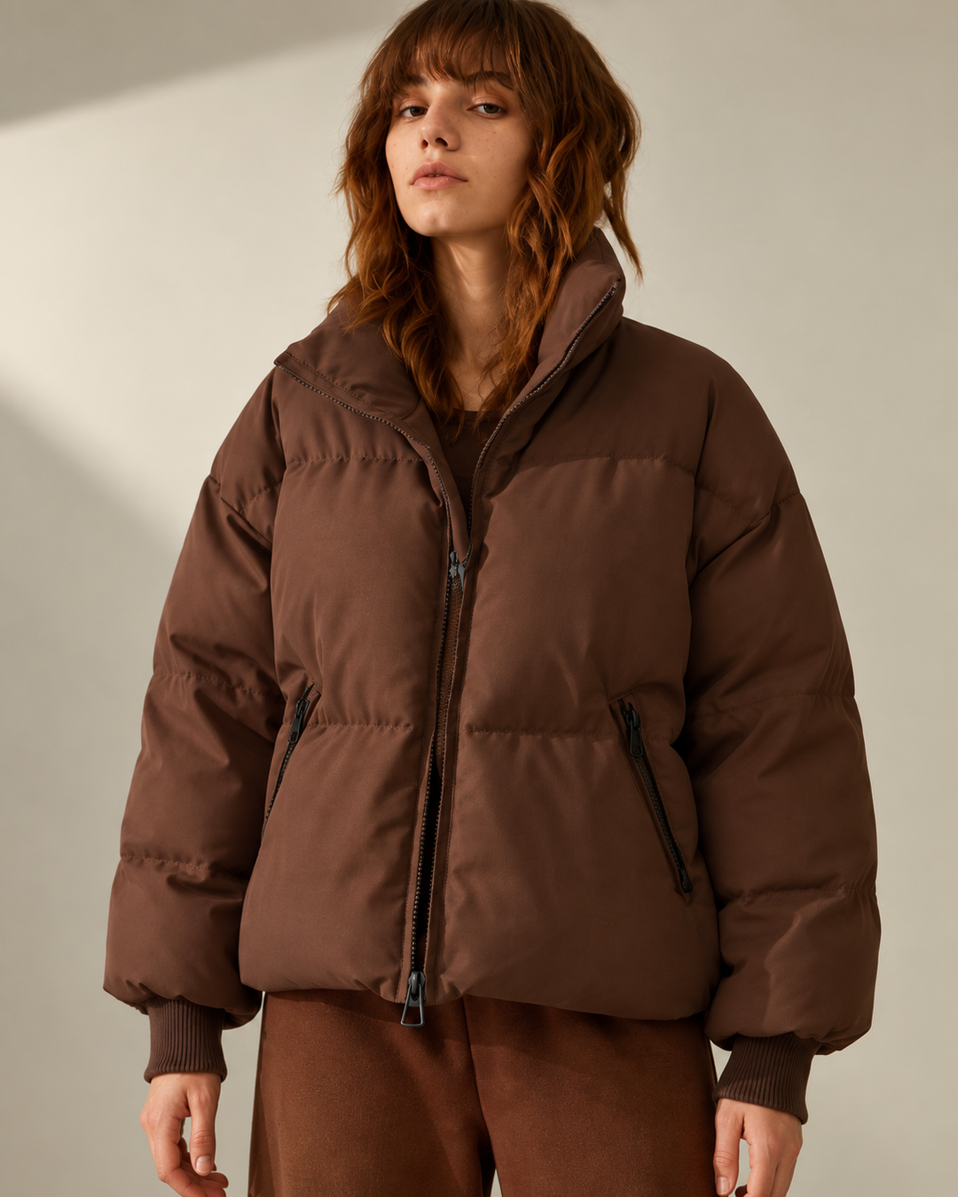 Gewatteerd oversized damesjasje met hoge hals en rits - Anouk