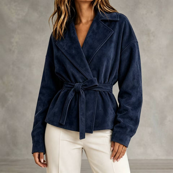 Kort damesjasje met suède-look, riem en revers - Valérie
