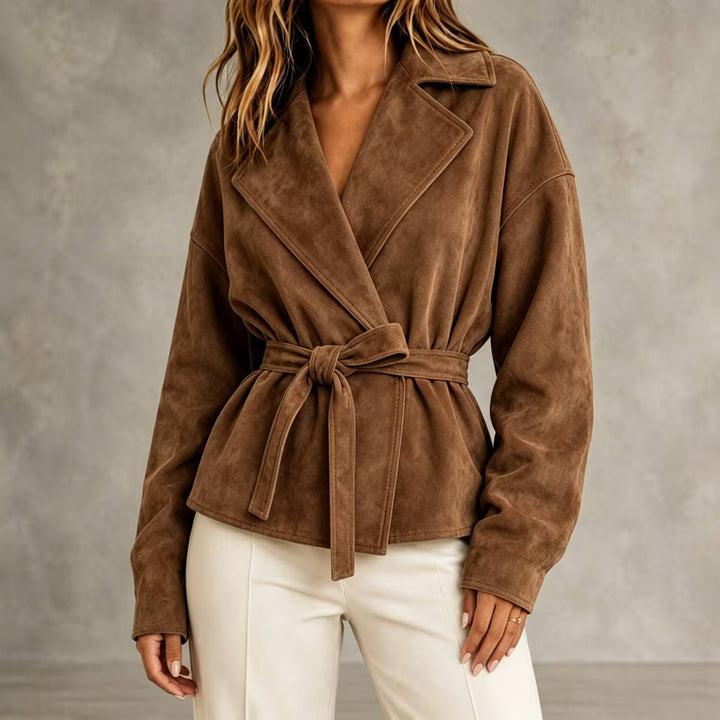 Kort damesjasje met suède-look, riem en revers - Valérie
