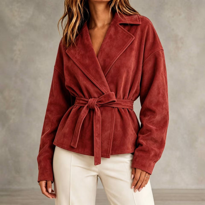 Kort damesjasje met suède-look, riem en revers - Valérie